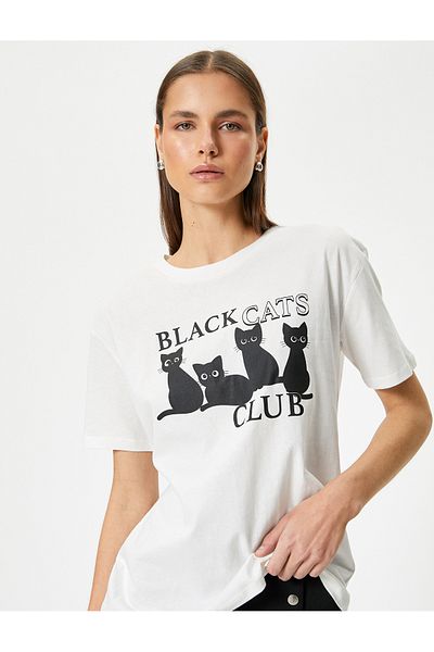 Koton Katzen-T-Shirt aus Baumwolle mit kurzen Ärmeln und Rundhalsausschnitt