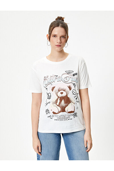 Koton Teddy Bear Printed T-Shirt Comfortable Fit Cotton Short Sleeve Crew Neck