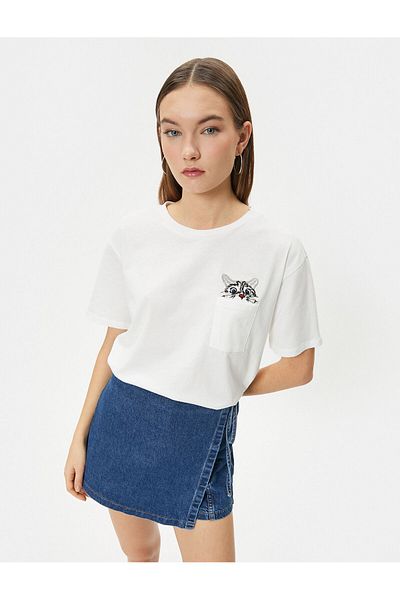 Koton T-Shirt mit Katzenmotiv, Tasche, Detail, kurzärmlig, Rundhalsausschnitt, Baumwolle