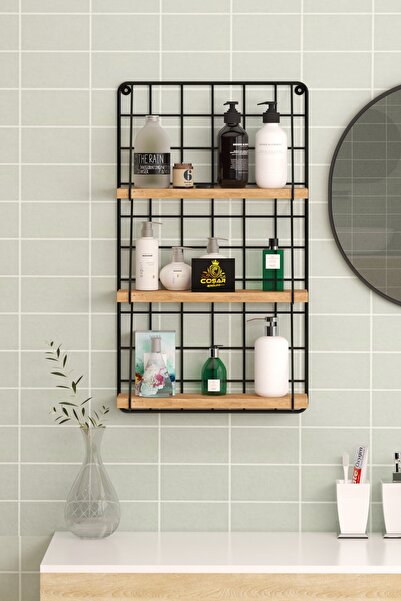 Cosargroup 3 Katlı Dekoratif Duvar Rafı  Metal Banyo Rafı  Banyo Makyaj Organizer Ahşap Raf Düzenleyici Çam