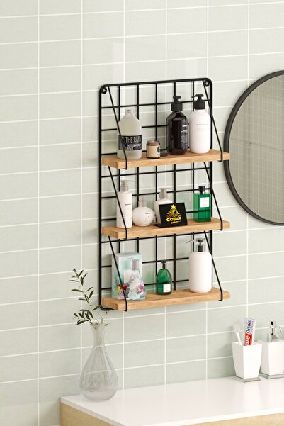 Cosargroup 3 Katlı Dekoratif Duvar Rafı  Metal Banyo Rafı  Banyo Makyaj Organizer Ahşap Raf Düzenleyici Çam