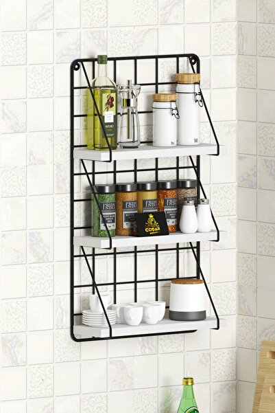 Cosargroup 3 Katlı Dekoratif Duvar Rafı  Metal Mutfak Rafı Baharatlık Düzenleyici Organizer Ahşap Raf Beyaz