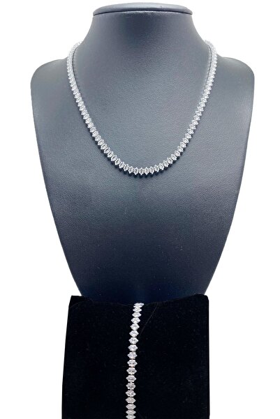 MOSSMOUR Kadın Zirkon Mekik Taşlı Gümüş Su Yolu Arpa Kolye Bileklik Set