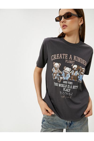 Koton Cotton Teddy Bear Printed Comfortable T-Shirt - Short Sleeve, Crew Neck