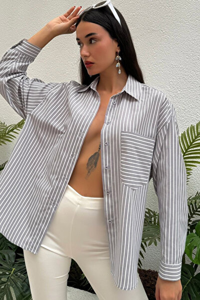 MissKybele Dikey Çizgi Desenli Manşetli Uzun Kollu Rahat Bol Kesim Göğüs Cepl...