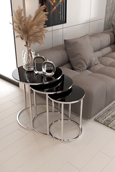 Nies Aksesuar Armoni 3'lü Zigon Sehpa Gümüş Ayak Siyah Cam