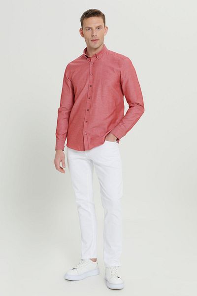 AC&Co / Altınyıldız Classics Ανδρικό πουκάμισο Oxford Claret Red Slim Fit - Εύκολο σιδερένιο, γιακά με κουμπιά, βαμβακερό