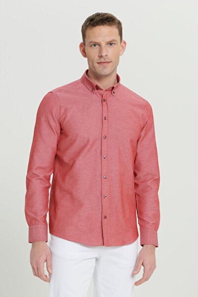 AC&Co / Altınyıldız Classics Ανδρικό πουκάμισο Oxford Claret Red Slim Fit - Εύκολο σιδερένιο, γιακά με κουμπιά, βαμβακερό