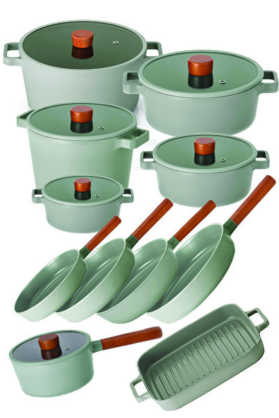 NEOFLAM Fika Gray 17 Piece Pot & Pan Set with Cast Aluminum Glass Lid