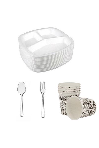 Tezyolla 3 Compartment Foam Plate - Paper Cup - Spoon - Fork Set of 4 10 Pieces