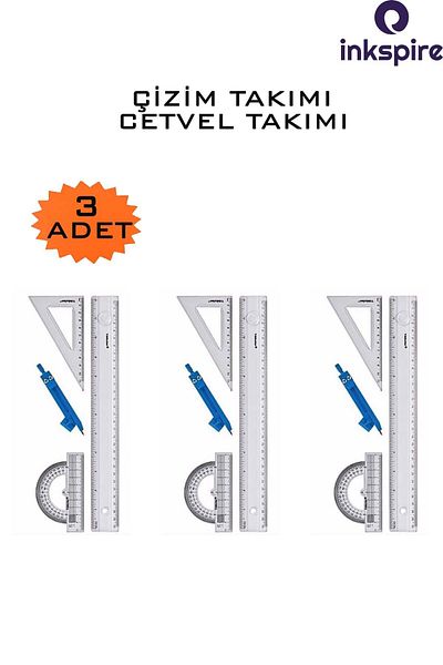 inkspire 30 cm Transparent Jib Ruler Set - 3 Pack with Student Drawing Jibs
