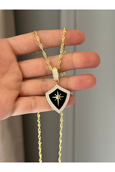 emy by emel luxury silver jewelry Altın Kaplama Siyah Mineli Kutup Yıldızı Kolye 925 Ayar Gümüş