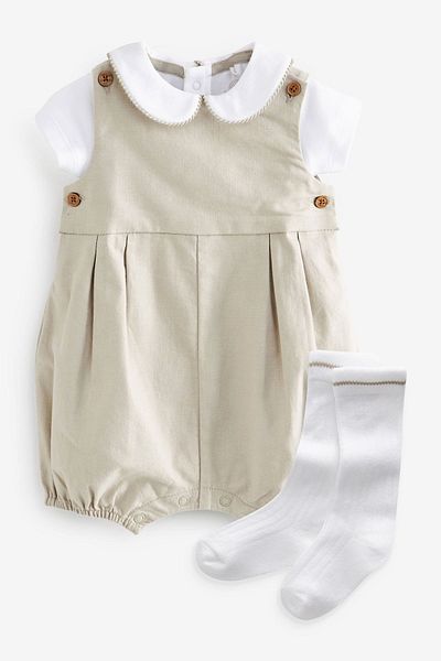 Next Baby 100% Cotton Beige Smart Salopet Bodysuit Socks Set