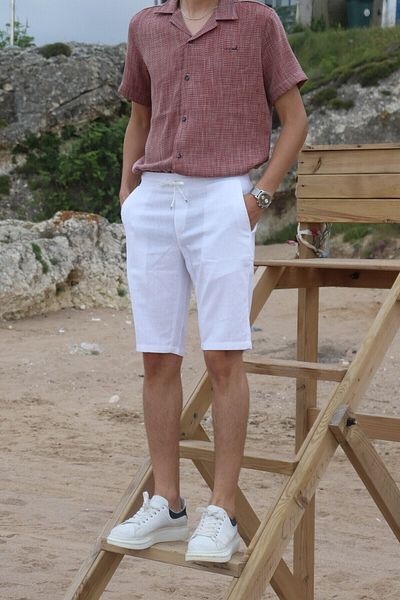 inpool Ανδρικό καλοκαιρινό βαμβακερό λινό ελαστικό σορτς τσέπης μέσης & βερμούδα