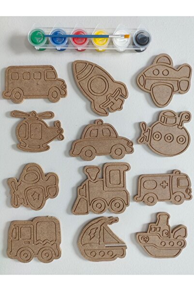şimşek hobi tasarım 12 Parça Boyanabilir Ahşap Araç Figürleri / Eğitici Boyam...