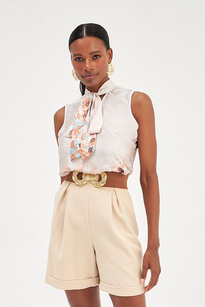 Sateen Beige Patterned Flare Sleeveless Blouse