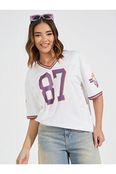 Styli Mesh Knit Oversized Varsity Print T-Shirt