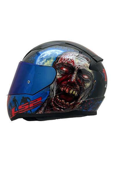 LS2 Rapıd 2 Zombıe Siyah-kırmızı Kask Mavi Cam-şeffaf Cam Hediye