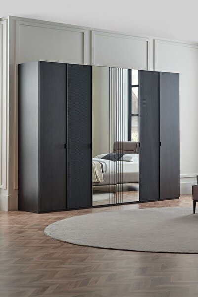 Enza Home Riga 6 Kapaklı Akordeon Modern Gardırop - Siyah