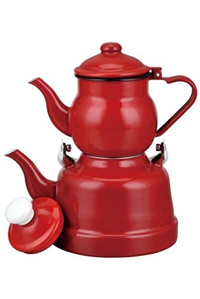 Ebru Metal Emaye Küçük Boy Kırmızı Çaydanlık Takımı 11/16