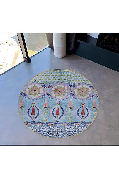 Rugs Modern Halı Blue Themed Traditional Motif Patterned Round Woven Base Vin...