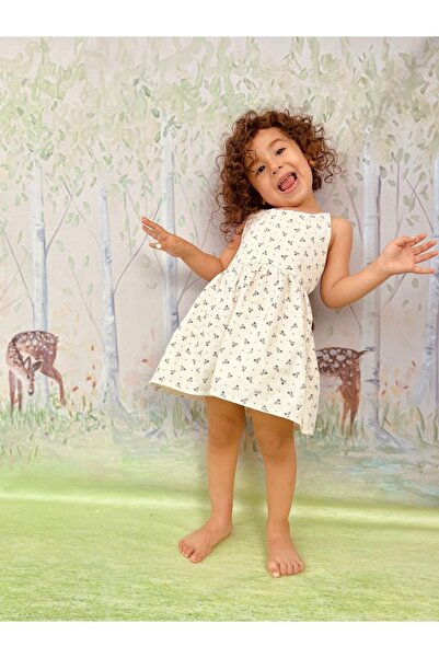 Kidsabu Kız Çocuk Sırt Ip Detaylı Daisy Elbise - Bebek Elbisesi Minik Çiçek Desenli %100 Pamuk -