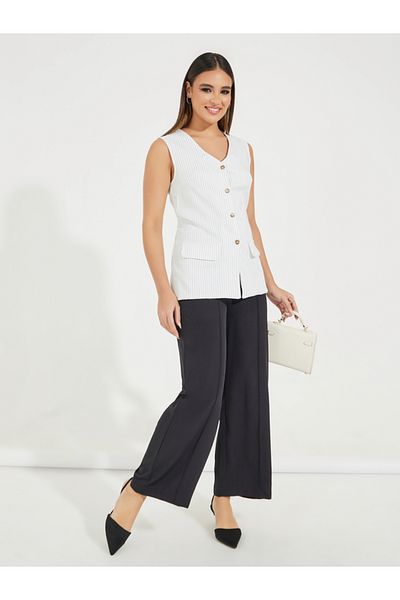 Styli Pinstriped Longline Waistcoat with Mock Pocket