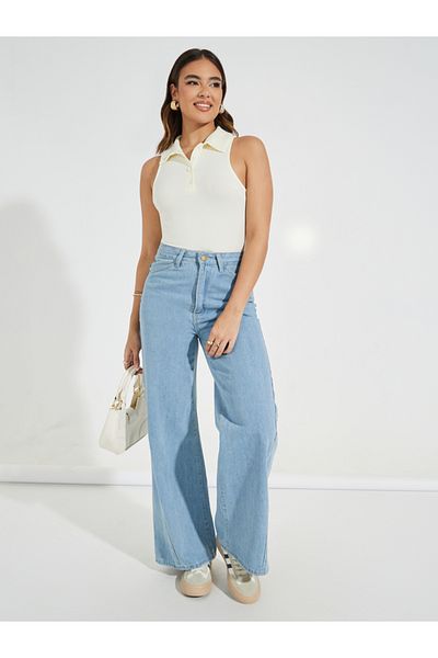 Styli Solid Sleeveless Knit Collared Bodysuit