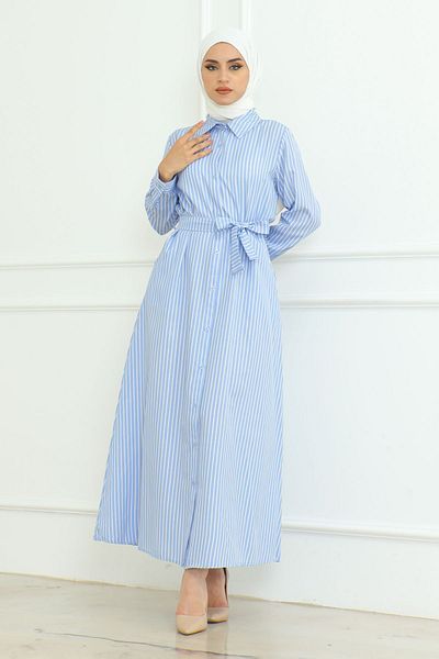 Eliva Women's Baby Blue Satin Long White Striped Evening Dress with Belt Hijab Dress