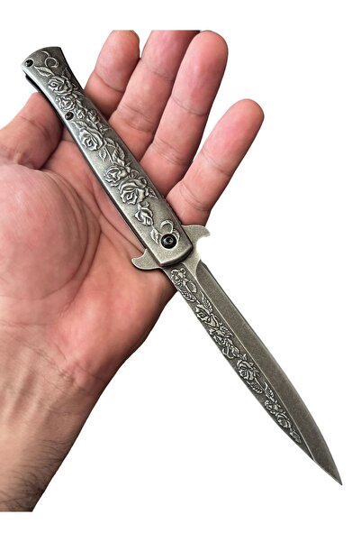 TAŞ KAFA Kamp Outdoor Hc 012 Gümüş Gül Işlemeli Çakı