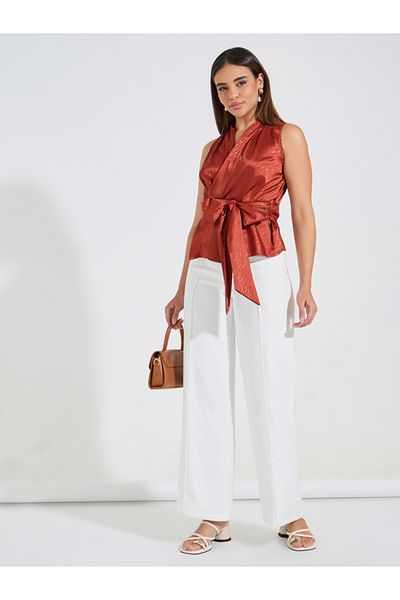 Causey By Styli Jacquard Satin Wrap Top with Tie Waist
