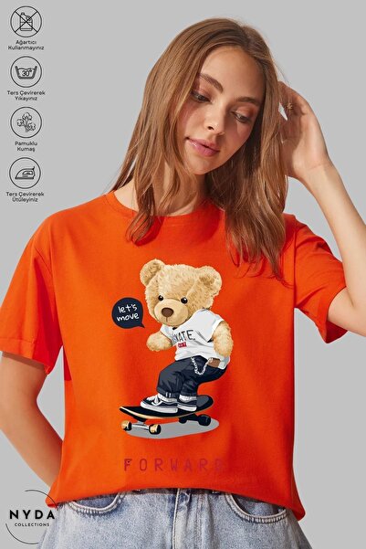 Nyda Collections Tricou oversize din bumbac unisex cu imprimeu ursuleț - Gât ...