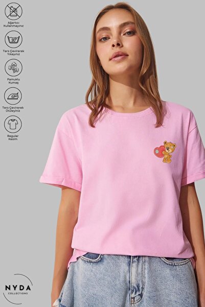 Nyda Collections Bear Printed Unisex Oversize Cotton T-Shirt - Crew Neck, Sho...