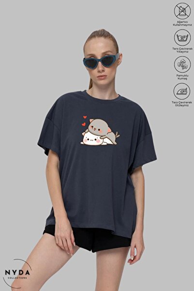 Nyda Collections Tricou oversize din bumbac unisex cu decolteu - imprimeu cu inimă îmbrățișată Bubu Dudu, mânecă scurtă