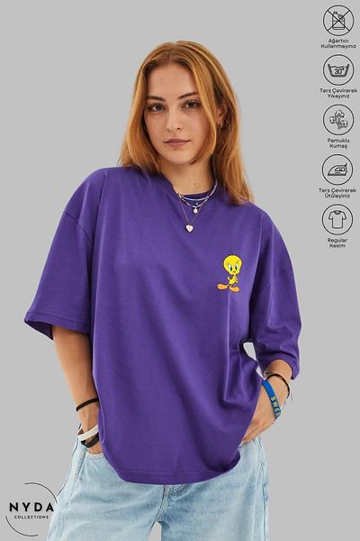 Nyda Collections Μπλουζάκι Unisex Crew Neck Tweety με εμπριμέ βαμβακερό κοντό μανίκι