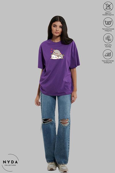 Nyda Collections Μπλουζάκι με λαιμόκοψη Unisex βαμβακερό oversize - Bubu Dudu Hugging Heart Print, κοντό μανίκι