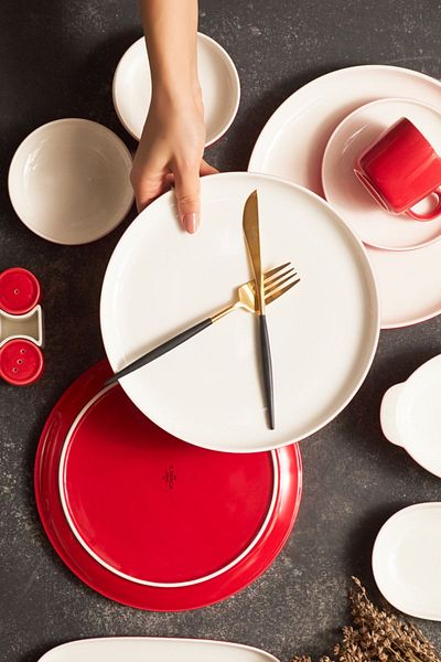 Karaca Nordic Red 27 Piece Porcelain Breakfast/Service Set for 6 Persons