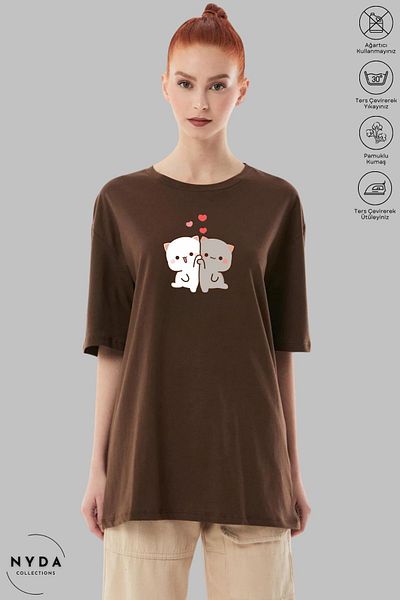 Nyda Collections Унисекс тениска с щампа Heart Bubu Dudu, памучна, голям размер - кръгло деколте, къс ръкав