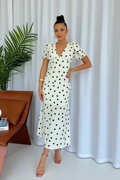 Mine Tan Butik Rochie albă de damă cu mâneci scurte cu decolteu în V cu buline