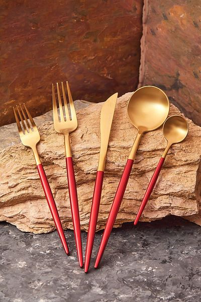Karaca Red New Lydia Fork Spoon Knife Set 60 Pieces for 12 People