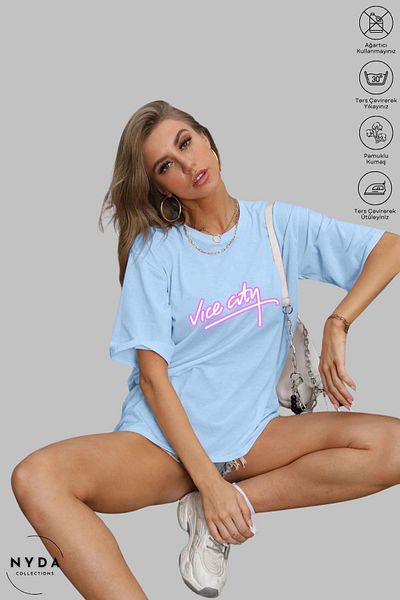 Nyda Collections Tricou supradimensionat unisex din bumbac cu imprimeu Vice City - Decolteu, mânecă scurtă