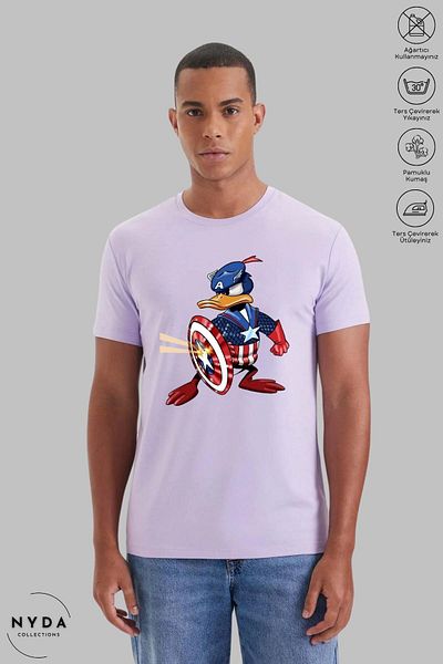 Nyda Collections Donald Duck Captain America με στάμπα Unisex βαμβακερό μπλουζάκι υπερμεγέθους - Crew λαιμόκοψη, κοντό μανίκι