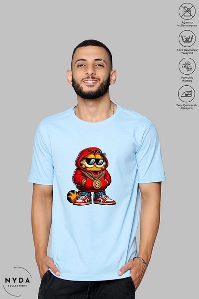 Nyda Collections Tricou cu mânecă scurtă, unisex, cu gât crew, cu gât dolar, din bumbac imprimat Garfield