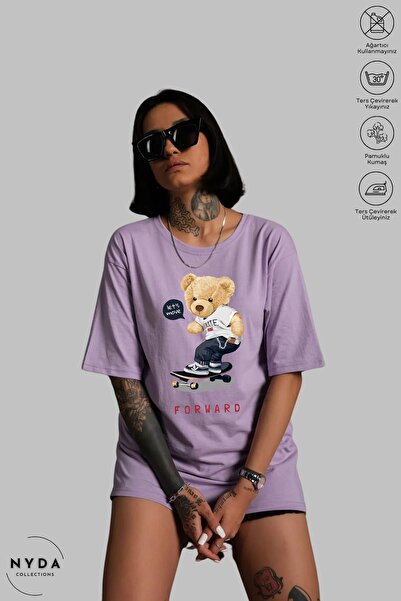 Nyda Collections تي شيرت قطني كبير الحجم مطبوع عليه تيدي بير للجنسين - رقبة د...