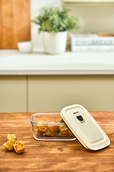 Karaca Cream Vacuum Glass Storage Container with Lid 0.4 Lt