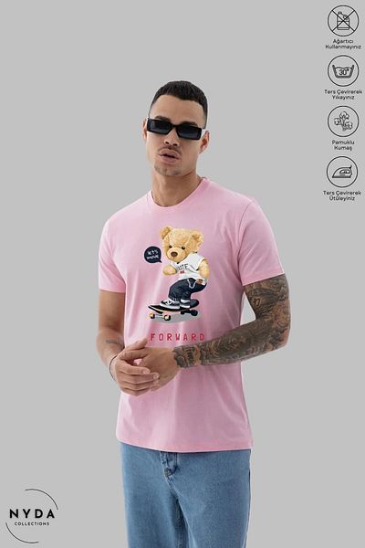 Nyda Collections Μπλουζάκι Unisex Crew Neck Teddy Bear με εμπριμέ βαμβακερό κοντομάνικο μπλουζάκι