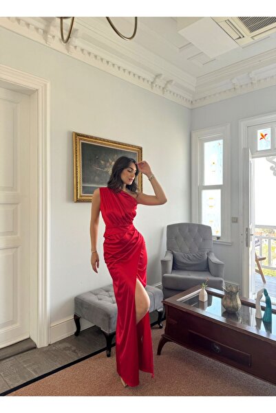 bella istanbul Fiona Tek Kol Drapeli  Saten Abiye