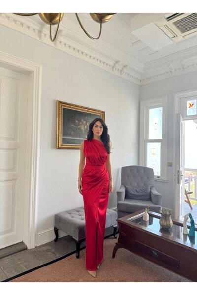 bella istanbul Fiona Tek Kol Drapeli  Saten Abiye