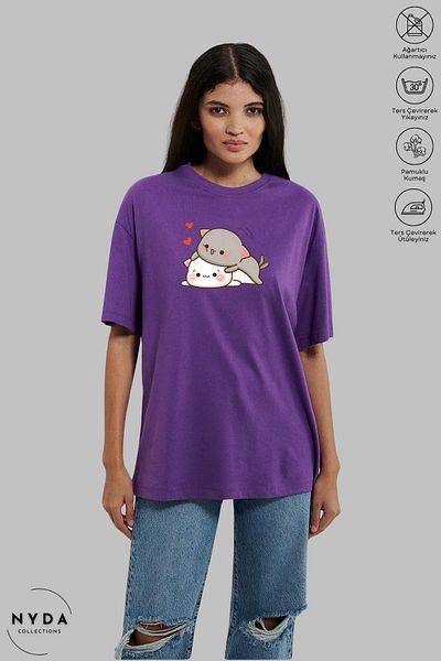 Nyda Collections Μπλουζάκι με λαιμόκοψη Unisex βαμβακερό oversize - Bubu Dudu Hugging Heart Print, κοντό μανίκι
