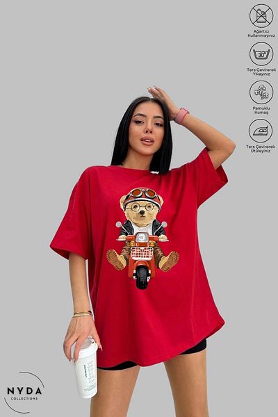 Nyda Collections Unisex Crew Neck Motor Teddy Bear Printed Cotton Oversize Short Sleeve T-Shirt